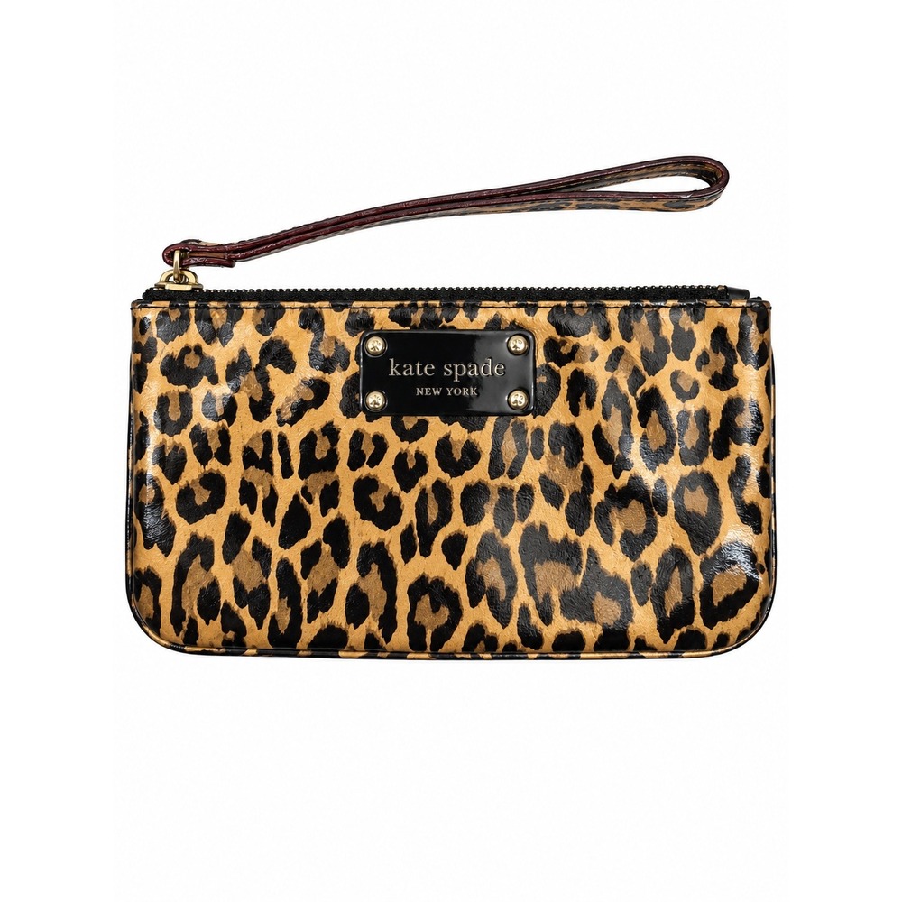 Kate Spade New York Leopard Print Patent Leather Wristlet Pouch Polka Dot Lining